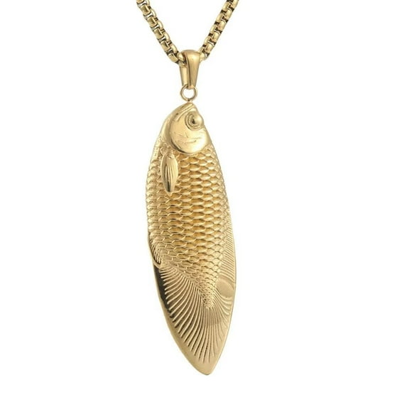 PAMTIER Men's Stainless Steel Personality Vintage Punk Hip Hop Betta Fighting Fish Skull Amulet Pendant Necklace Five-Flavored Fish Gold with Chain