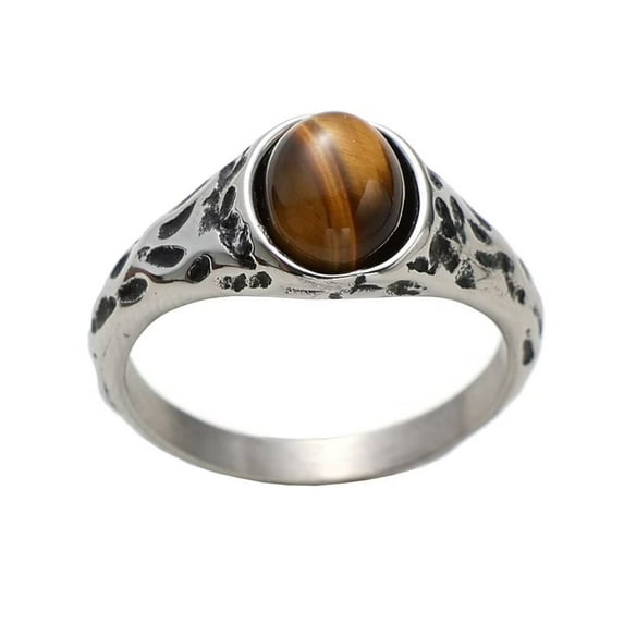 PAMTIER Men's Stainless Steel Personality Vintage Punk Oval Cut Brown Gemstone Biker Ring Cool Honeycomb Pattern Carved Wedding Band Silver Size 7