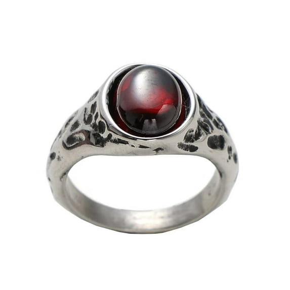 PAMTIER Men's Stainless Steel Personality Vintage Punk Oval Cut Red Gemstone Biker Ring Cool Honeycomb Pattern Carved Wedding Band Silver Size 11