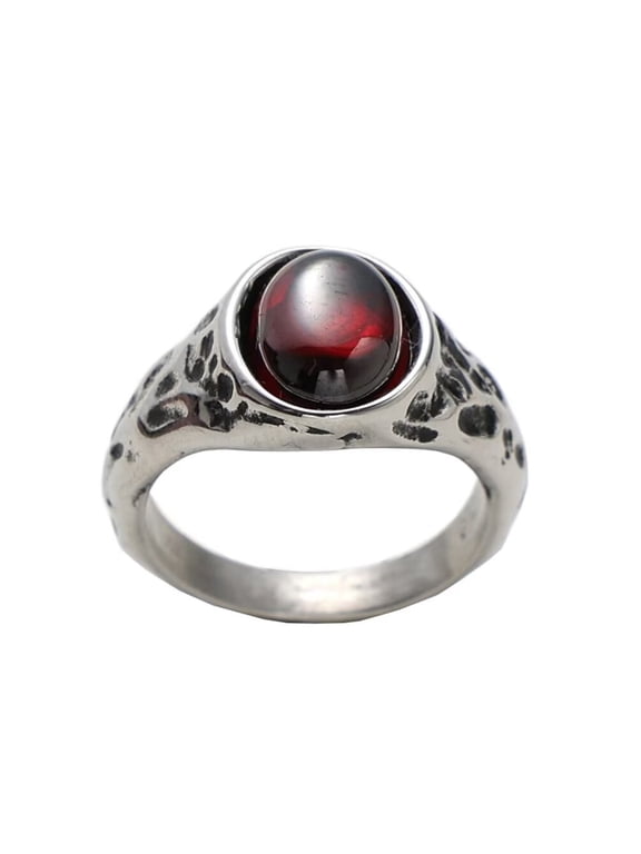 Men's Stainless Steel Personality Vintage Punk Oval Cut Red Gemstone Biker Ring Cool Honeycomb Pattern Carved Wedding Band Silver Size 7
