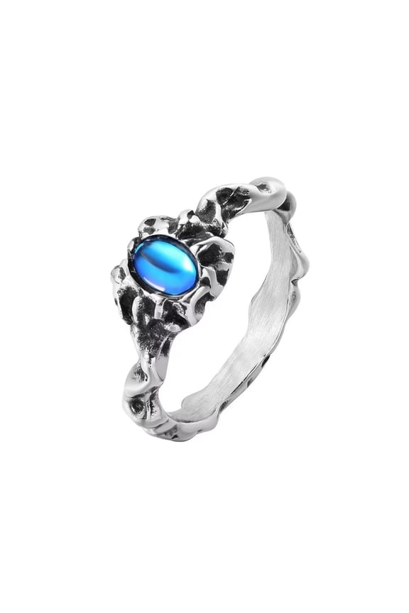 Men's Stainless Steel Personality Vintage Punk Thin Stackable Demon Skeleton Oval Cut Blue Gemstone Biker Ring Gothic Rock Silver Size 9