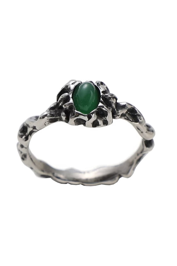 Men's Stainless Steel Personality Vintage Punk Thin Stackable Demon Skeleton Oval Cut Green Gemstone Biker Ring Gothic Rock Silver Size 8