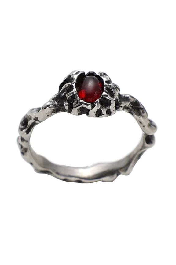 Men's Stainless Steel Personality Vintage Punk Thin Stackable Demon Skeleton Oval Cut Red Gemstone Biker Ring Gothic Rock Silver Size 8