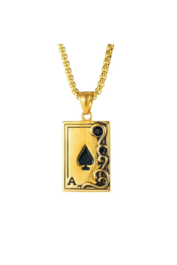 Men's Stainless Steel Punk Rock Cool Playing Card Ace of Spades Black Zircon Inlay Lucky Pendant Necklace Casino Game Black 23.6" Chain