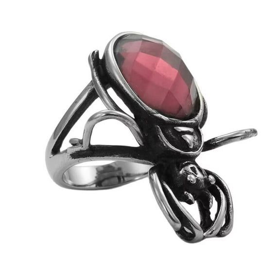 PAMTIER Men's Stainless Steel Retro Personality Punk Hollow Cute Vivid Animal Spider Biker Ring with Oval Red Gemstone Princess Cut Hip Hop Size 7
