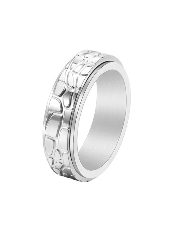 Men's Stainless Steel Retro Punk Cool Stone Texture Pattern Rotatable Fidget Ring Anxiety Band European and American Style Silver Size 8