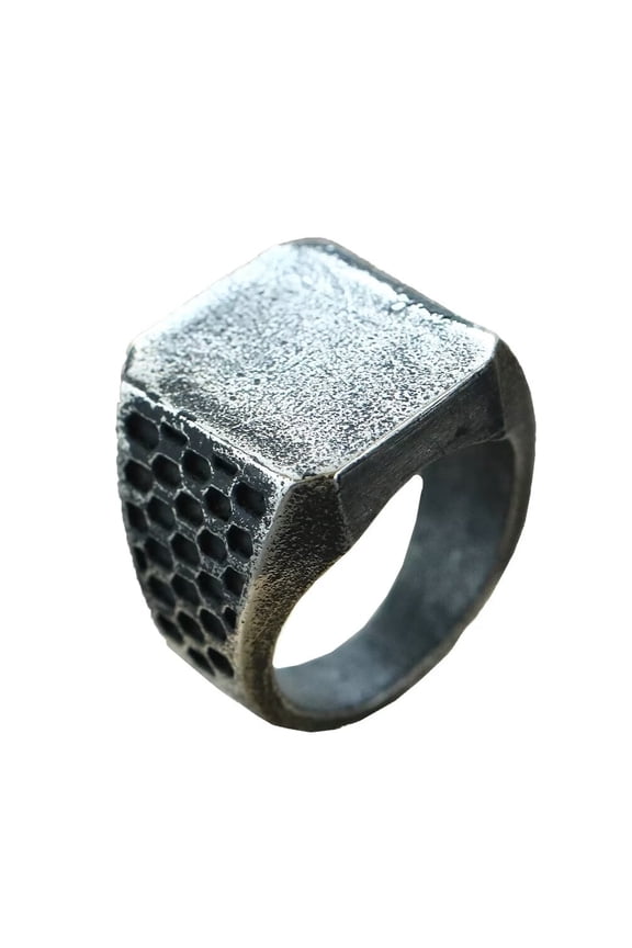 Men's Stainless Steel Retro Unique Hip Hop Punk 19MM Geometric Square Honeycomb Pattern Biker Ring Rock Statement Band Ancient Silver Size 8