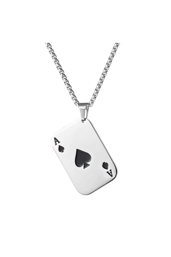 Men's Stainless Steel Rock Hip Hop Playing Card Ace of Spades Hearts A Lucky Pendant Necklace Royal Flush Games Silver Black 23.6" Chain