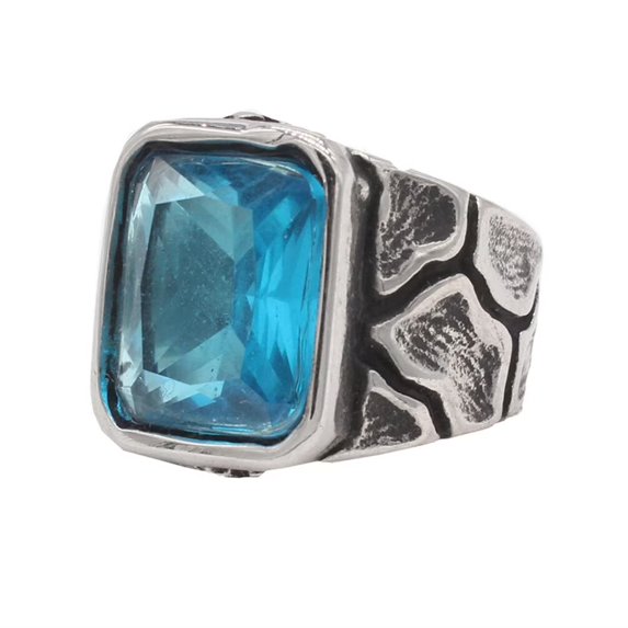 PAMTIER Men's Stainless Steel Silver Black Vintage Cubic Zirconia Thumb Ring Band Blue Size 7