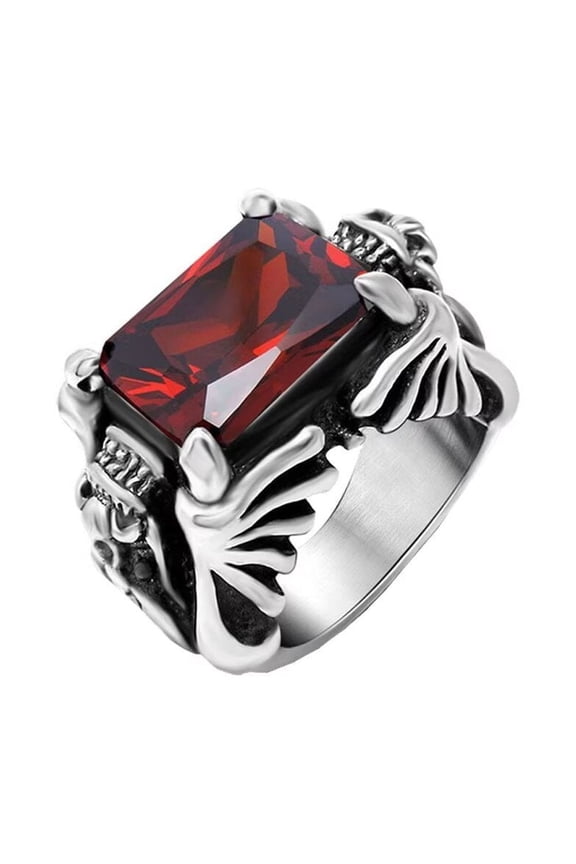 Men's Stainless Steel Silver Plated Domineering Dragon Head Claw Red Square Gem Stone Ring Vintage Punk Gothic Biker Red Size 11
