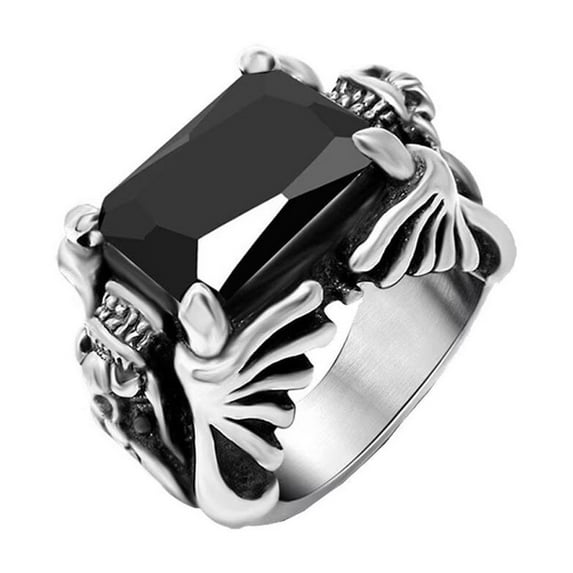 PAMTIER Men's Stainless Steel Silver Plated Domineering Dragon Head Claw Square Gem Stone Ring Vintage Punk Gothic Biker Black Size 10