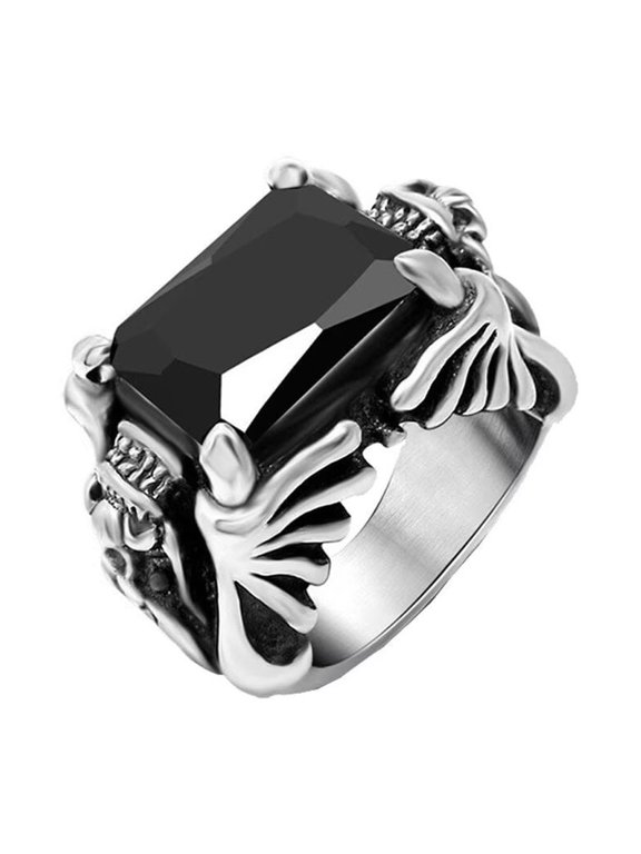 Men's Stainless Steel Silver Plated Domineering Dragon Head Claw Square Gem Stone Ring Vintage Punk Gothic Biker Black Size 7