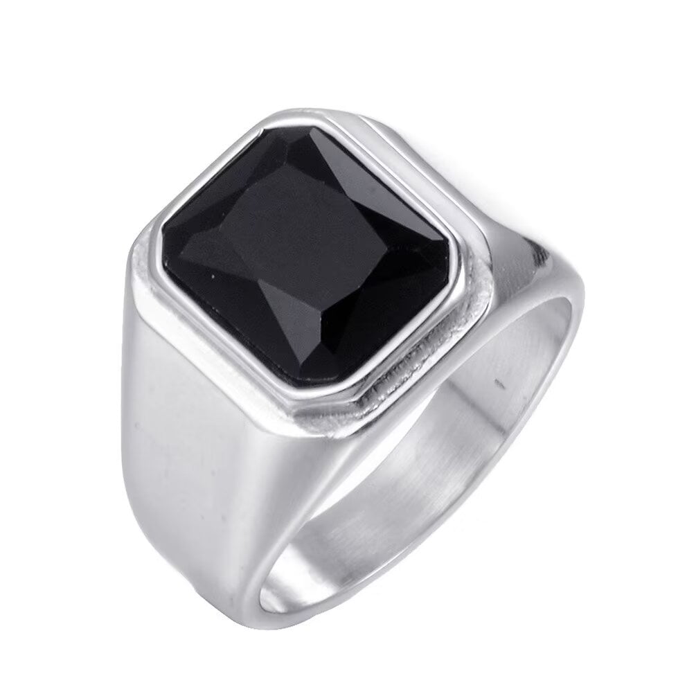 PAMTIER Men's Stainless Steel Silver Plated Ring with Square Black Gem ...