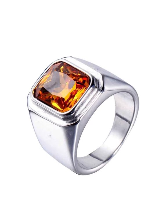 Men's Stainless Steel Silver Plated Ring with Square Orange Gem Stone Size 6