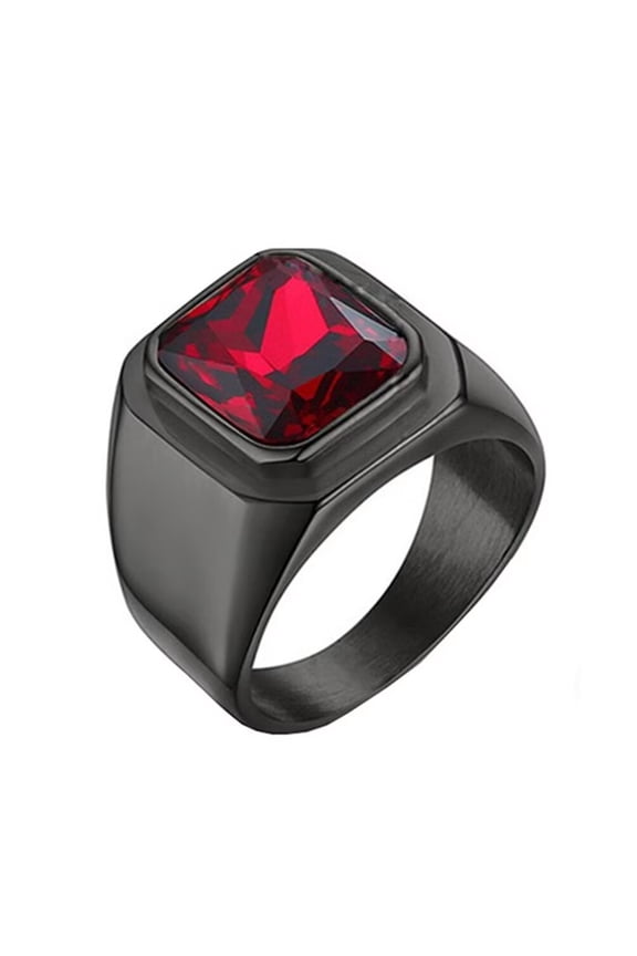 Men's Stainless Steel Simple Black Plated Ring with Square Red Gem Stone Size 12