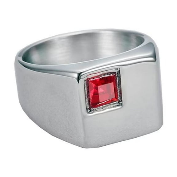 PAMTIER Men's Stainless Steel Simple Creative Square Solid Matte Finish Glossy Red Crystal Gemstone Inlay Ring Wedding Band Silver Size 7