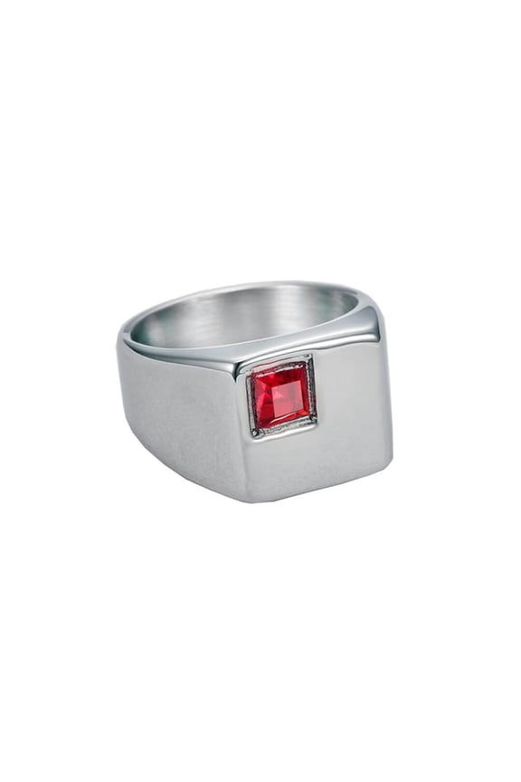 Men's Stainless Steel Simple Creative Square Solid Matte Finish Glossy Red Crystal Gemstone Inlay Ring Wedding Band Silver Size 8