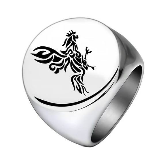 PAMTIER Men's Stainless Steel Simple High Polished Round Chinese Zodiac Rooster Ring Punk Style Silver Size 9