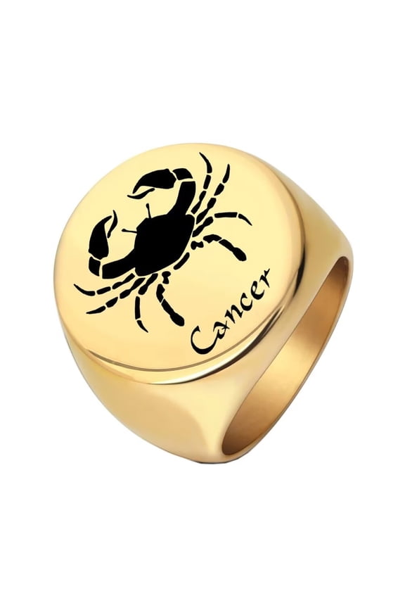 Men's Stainless Steel Simple High Polished Round Horoscope Cancer Engraved Ring Punk Style Gold Size 13