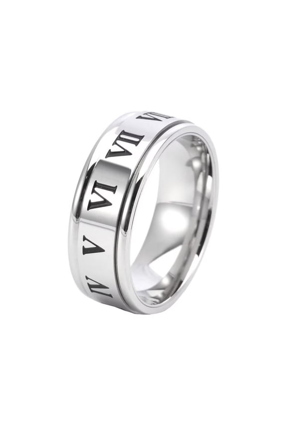 Men's Stainless Steel Simple Hip Hop Punk 8mm Roman Numerals Rotatable Signet Ring Relieve Anxiety Band Silver Size 12