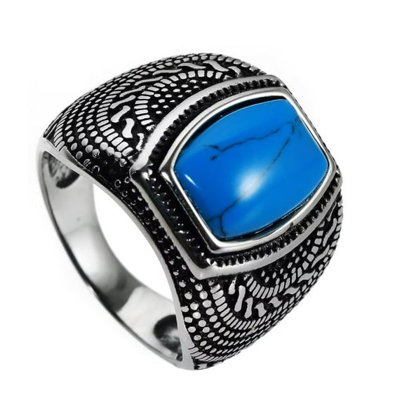 PAMTIER Men's Stainless Steel Simple Style Vintage Flower Pattern Square Cut Blue Gemstone Signet Ring Wedding Band Comfort Fit Silver Size 13