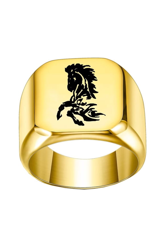 Men's Stainless Steel Square Vintage Animal Domineering Horse Punk Ring Gold Size 11