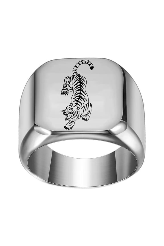 Men's Stainless Steel Square Vintage Animal Domineering Tiger Punk Ring Silver Size 13