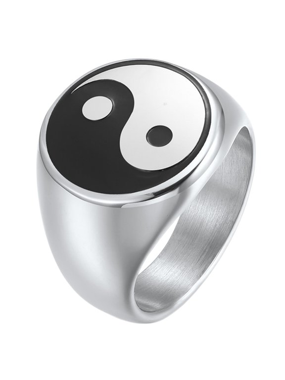 Men's Stainless Steel Taijitu Yin Yang Rings Vintage Taijitu Symbol Signet Band,Unique Black/Silver Two Tone Matching Couple Promise Ring,Classic Balance Harmony Jewelry Silver Size 9