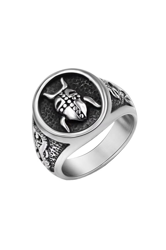 Men's Stainless Steel Unique Vintage Hip Hop Round Beetle Insect Pattern Inlay Biker Ring Rock Statement Band Silver Black Tone Size 7