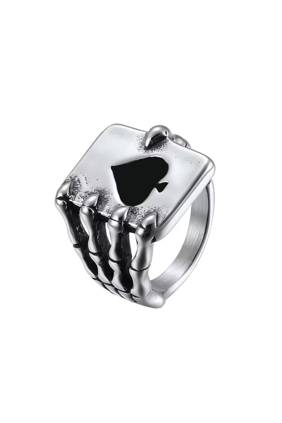Men's Stainless Steel Vintage Ace of Spades Gothic Dragon Claw Ghost Hand Skull Biker Ring Punk Poker Playing Card Statement Silver Size 10