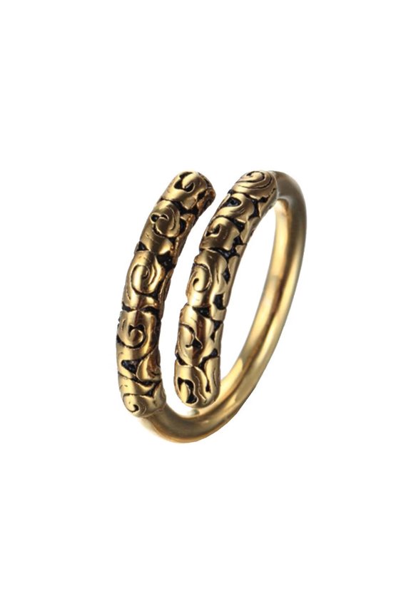 Men's Stainless Steel Vintage Chinese Novel Journey to The West Part Monkey King Hoop Open Biker Ring Clouds Pattern Inlay Gold Size 9