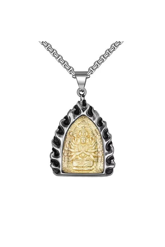 Men's Stainless Steel Vintage Classic Hip Hop Buddism Sacred Thousand Hands Guan Yin Patron Flower Flame Shape Statue of Buddha Necklace
