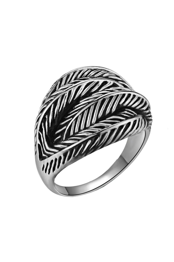 Men's Stainless Steel Vintage Cool Domineering Personality Simple Feather Wrap Biker Finger Ring Statement Band High Polished Silver Size 7