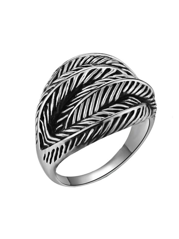 Men's Stainless Steel Vintage Cool Domineering Personality Simple Feather Wrap Biker Finger Ring Statement Band High Polished Silver Size 9