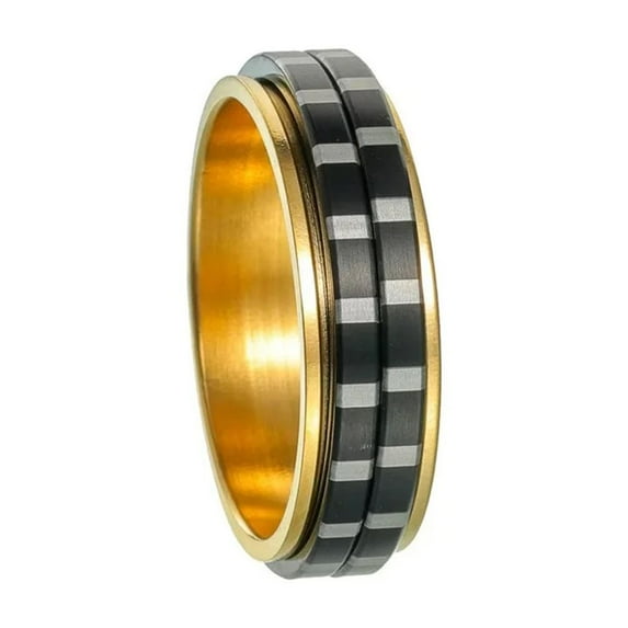 PAMTIER Men's Stainless Steel Vintage Cool Hip Hop 6mm 2 Rows Musical Piano Keys Rotatable Ring Anxiety Band Black Gold Size 10