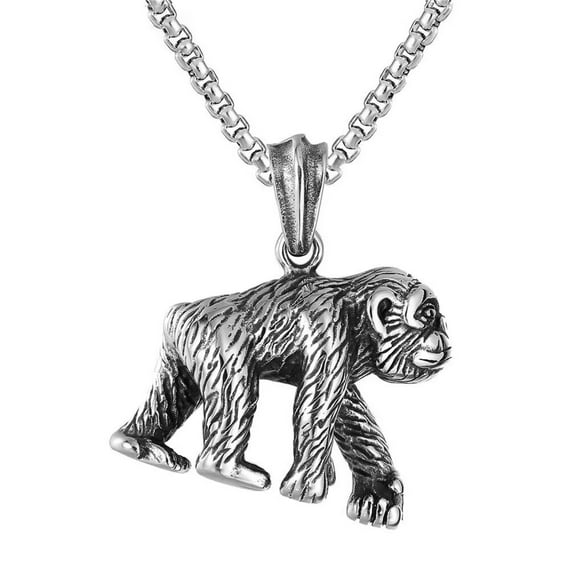 PAMTIER Men's Stainless Steel Vintage Domineering Cool Animal Gorilla Orangutan Apes Meme Pendant Necklace Silver Free Chain