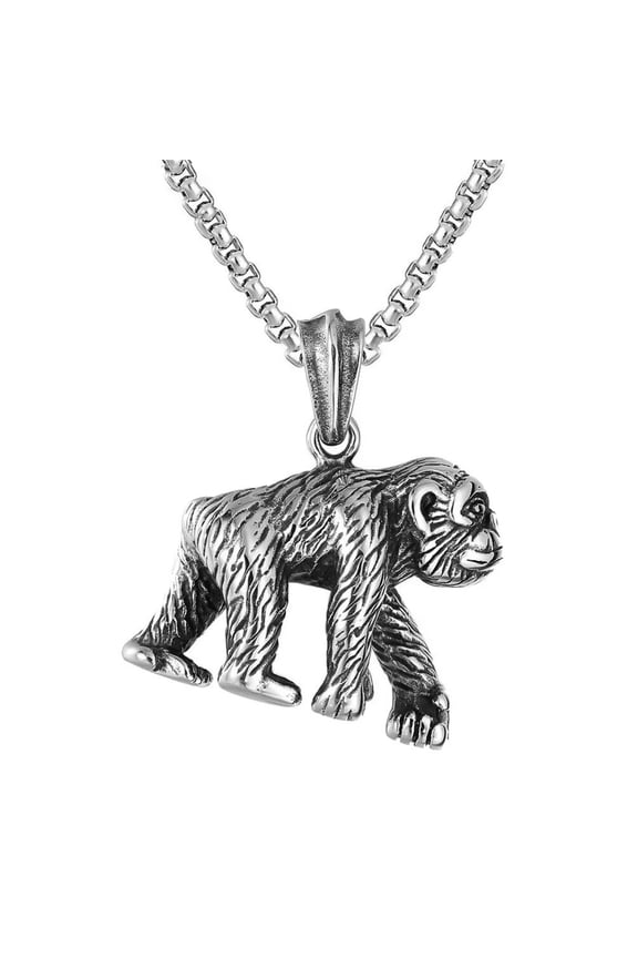 Men's Stainless Steel Vintage Domineering Cool Animal Gorilla Orangutan Apes Meme Pendant Necklace Silver with Chain