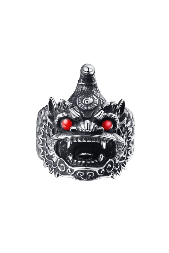 Men's Stainless Steel Vintage Domineering Cool Chinese Style Tai Chi Gossipy Red Gemstone Eyes Kylin Tiger Lion Head Biker Ring Size 10