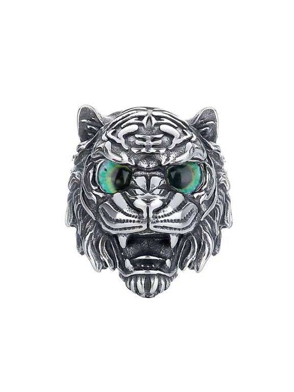 Men's Stainless Steel Vintage Domineering Cool Punk Gothic Roaring Tiger Head with Devil Bloody Eye Gemstone Biker Ring Green Size 13