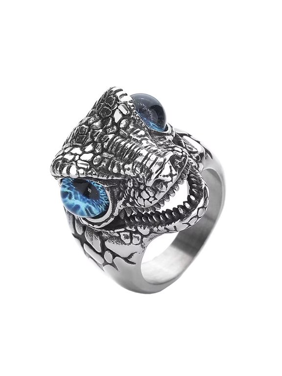 Men's Stainless Steel Vintage Domineering Cool Punk Roaring Crocodile Head with Devil Bloody Eye Gemstone Biker Ring Skull Alligator Blue Size 12