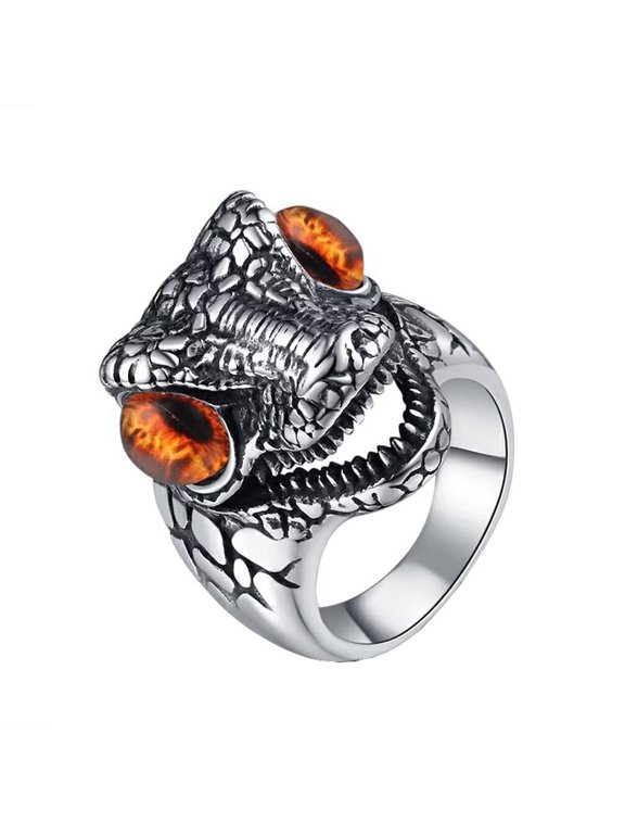 Men's Stainless Steel Vintage Domineering Cool Punk Roaring Crocodile Head with Devil Bloody Eye Gemstone Biker Ring Skull Alligator Brown Size 11