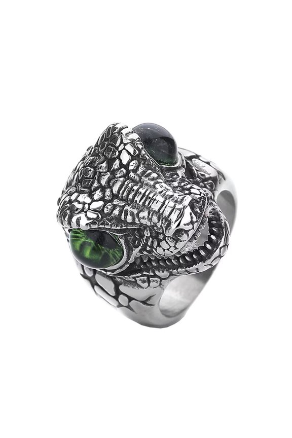 Men's Stainless Steel Vintage Domineering Cool Punk Roaring Crocodile Head with Devil Bloody Eye Gemstone Biker Ring Skull Alligator Green Size 13