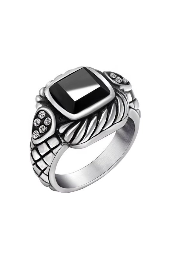 Men's Stainless Steel Vintage Domineering Cool Square Gemstone Crystal Micro-Pave Iced Out CZ Snake Pattern Carved Biker Ring Black Size 10