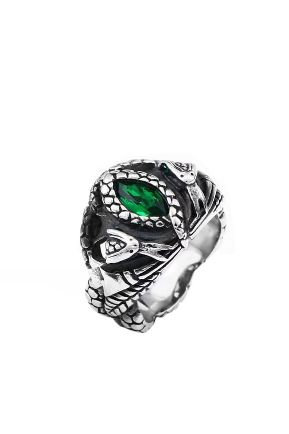 Men's Stainless Steel Vintage Domineering Ghost Devil's Eye Oval Cut Green Gemstone Snake Biker Ring Gothic Punk Style Silver Size 10