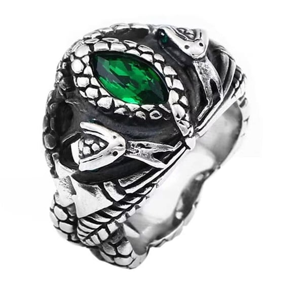 PAMTIER Men's Stainless Steel Vintage Domineering Ghost Devil's Eye Oval Cut Green Gemstone Snake Biker Ring Gothic Punk Style Silver Size 10