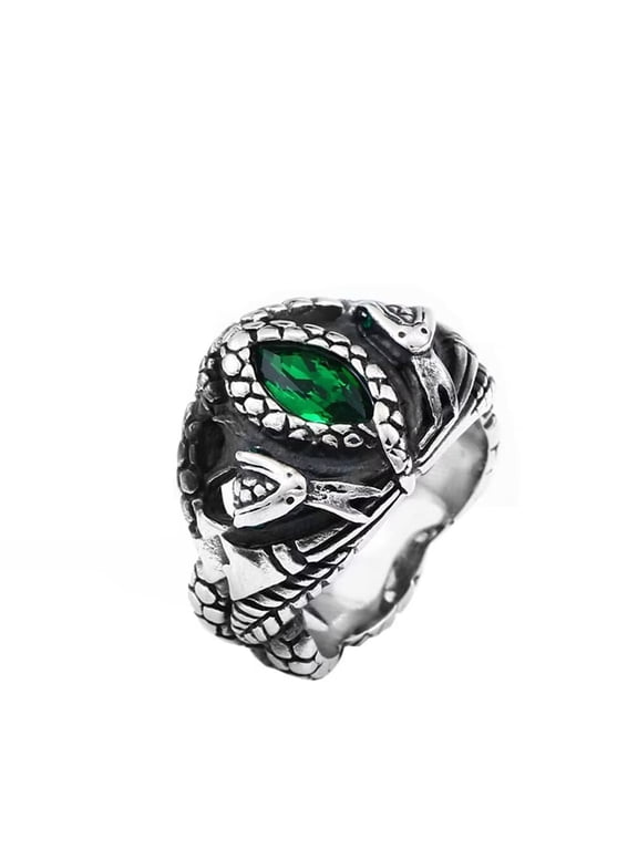 Men's Stainless Steel Vintage Domineering Ghost Devil's Eye Oval Cut Green Gemstone Snake Biker Ring Gothic Punk Style Silver Size 12