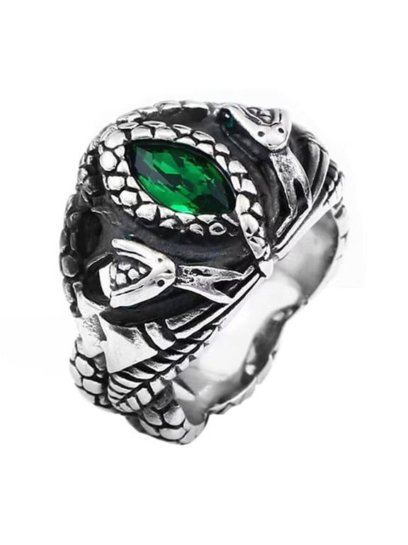 Men's Stainless Steel Vintage Domineering Ghost Devil's Eye Oval Cut Green Gemstone Snake Biker Ring Gothic Punk Style Silver Size 12