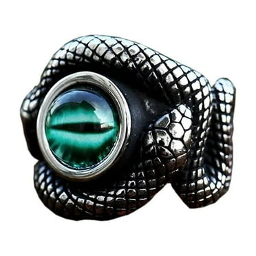 PAMTIER Men's Stainless Steel Vintage Domineering Ghost Devil's Eye Round Cut Bloody Green Gemstone Snake Biker Ring Statement Band Silver Size 7