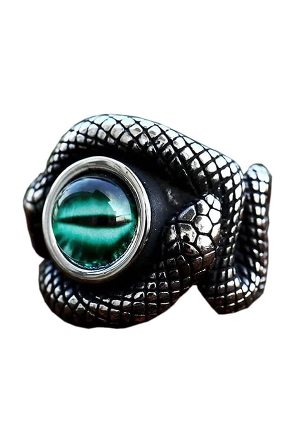 Men's Stainless Steel Vintage Domineering Ghost Devil's Eye Round Cut Bloody Green Gemstone Snake Biker Ring Statement Band Silver Size 7