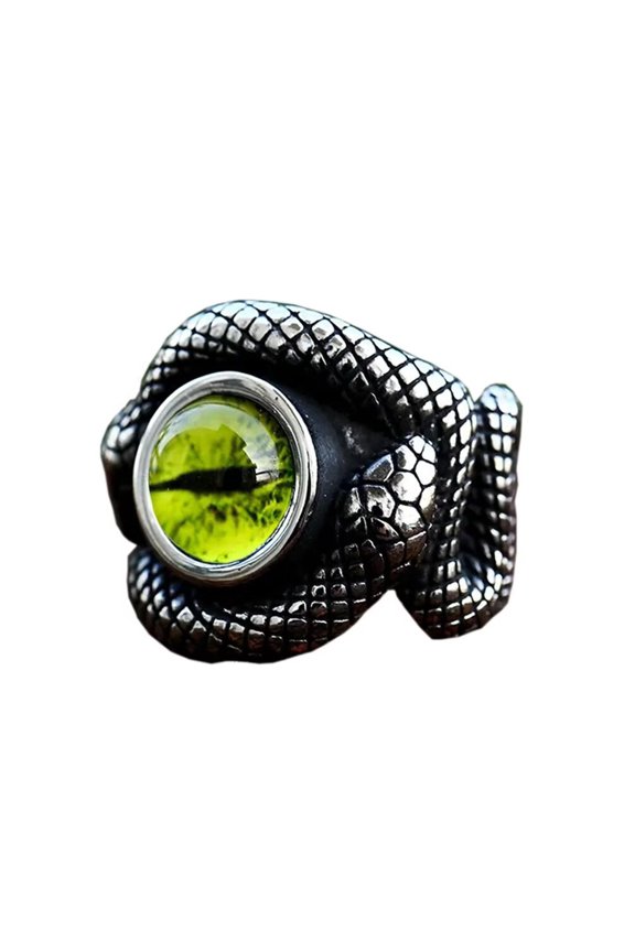 Men's Stainless Steel Vintage Domineering Ghost Devil's Eye Round Cut Bloody Yellow Gemstone Snake Biker Ring Statement Band Silver Size 8